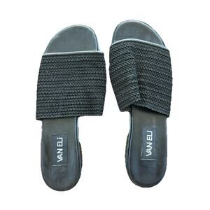 Van Eli VTG Black Woven Slides Italian Leather Heel Women’s Size 9